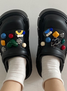 甜桃泡泡 diy厚底洞洞鞋女款外穿拖鞋夏季黑色配饰增高包头凉鞋