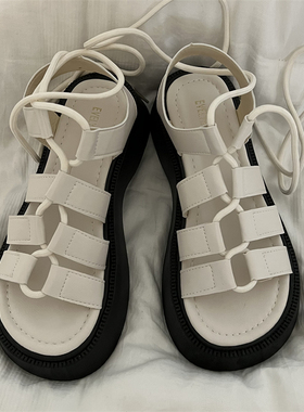 甜桃泡泡 罗马凉鞋女夏季韩式厚底白色休闲外穿软底绑带罗马鞋