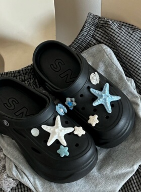 甜桃泡泡黑色厚底洞洞鞋女夏外穿2025新款增高防滑透气沙滩凉拖鞋