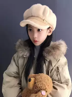 Autumn and winter children's octagonal hat female Korean plush cap imitation mink velvet warm big children's beret fluffy student hat
