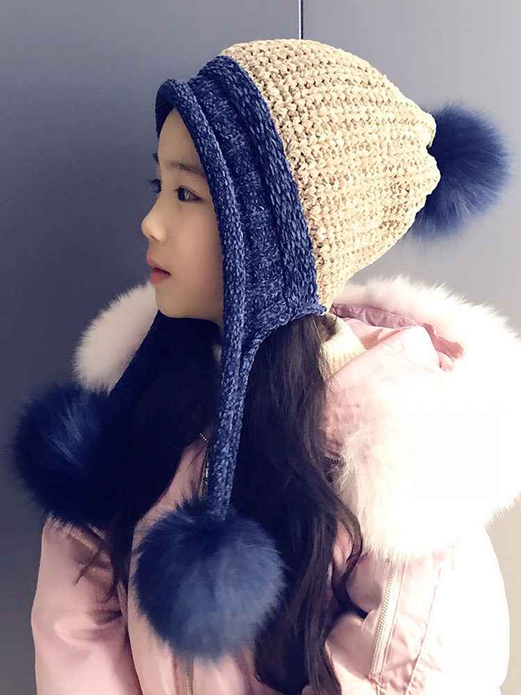 Korean version of autumn and winter children's wool hat Girls plus velvet warm hat Chenille ear cap baby parent-child cute