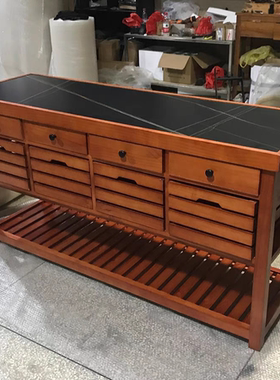 美式厨房中岛台全实木料理台开放式餐边桌柜复古家用操作台大理石