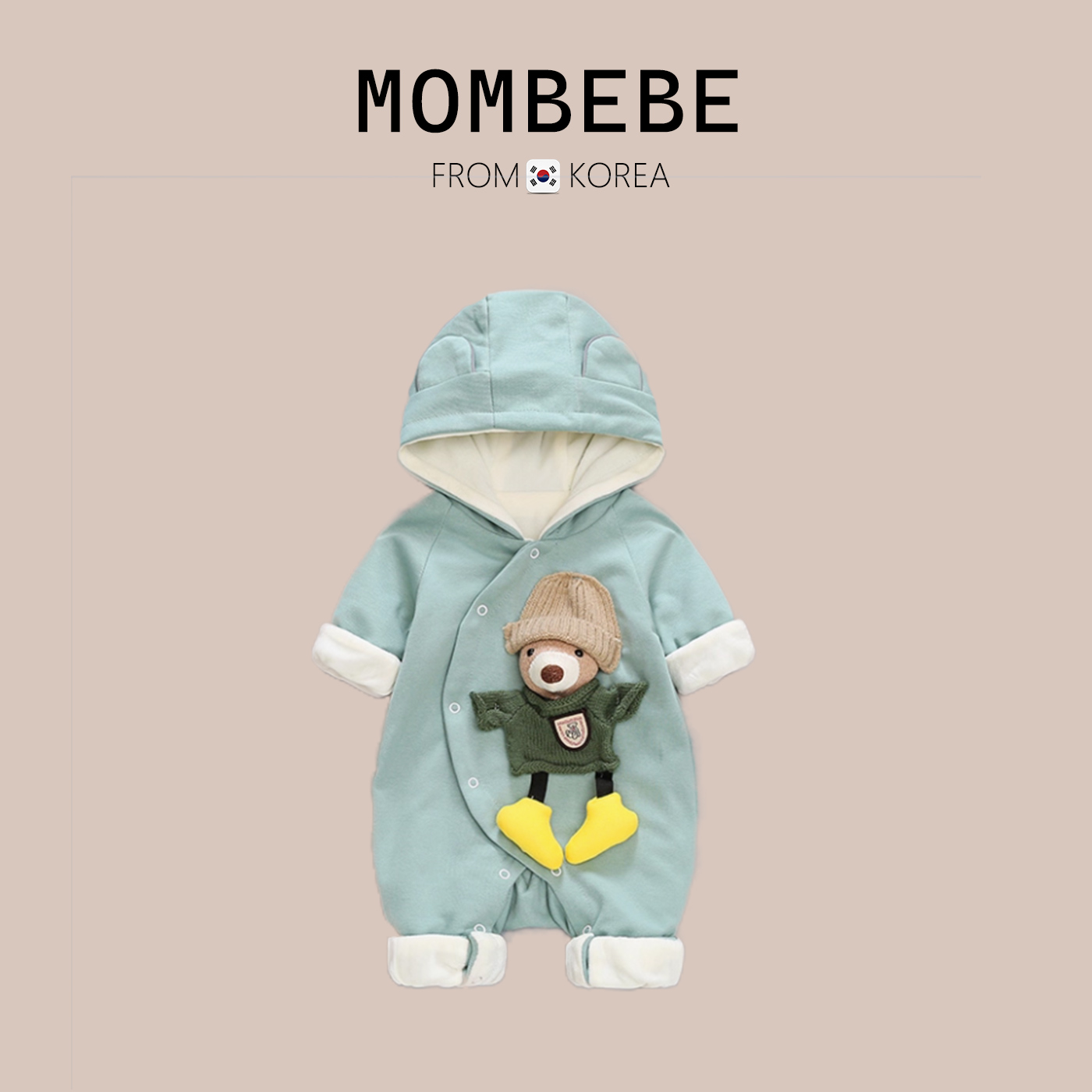 韩国mombebe婴儿连体衣春秋爬服宝宝外出服长袖薄绒外套可爱小熊