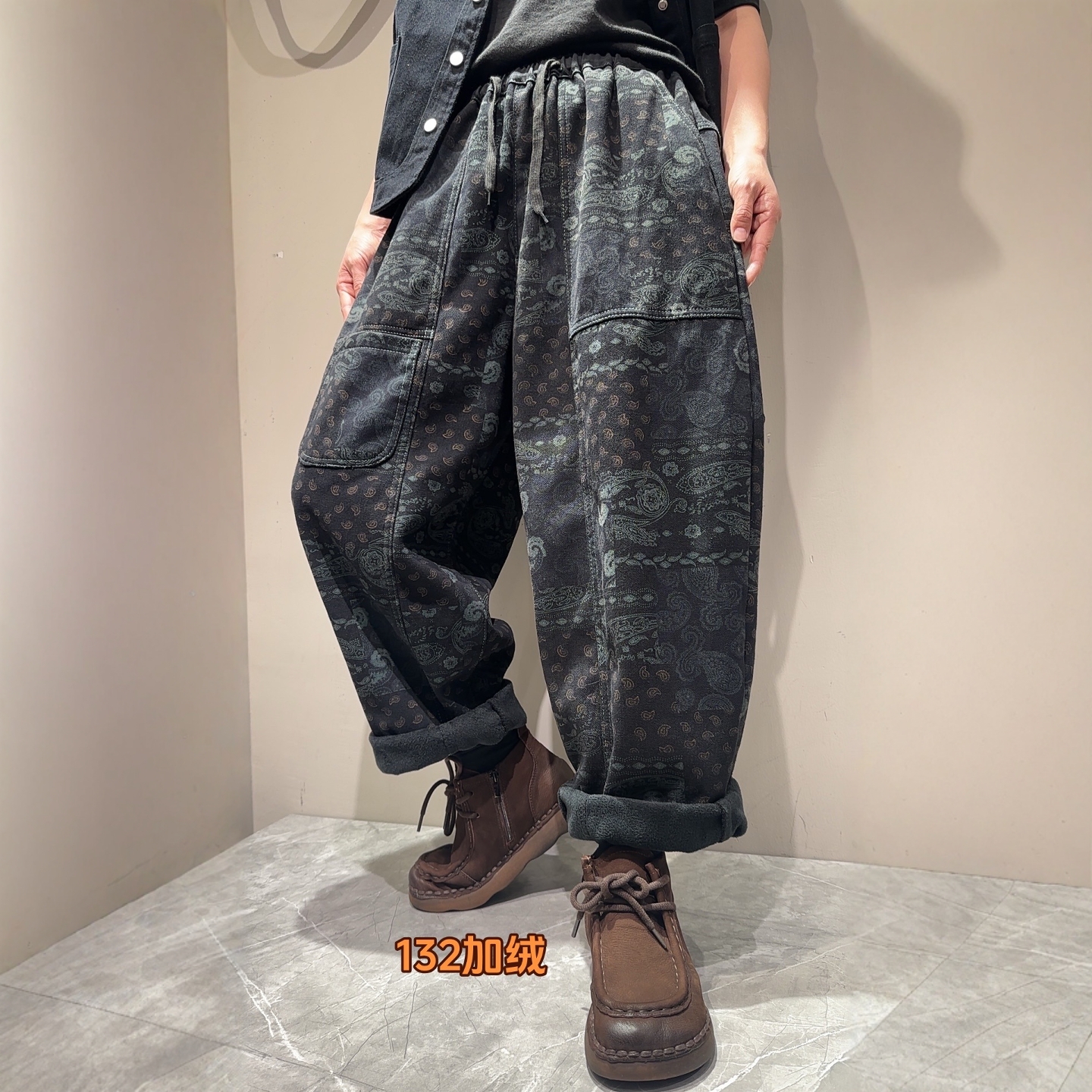 印花加绒加厚九分牛仔裤女