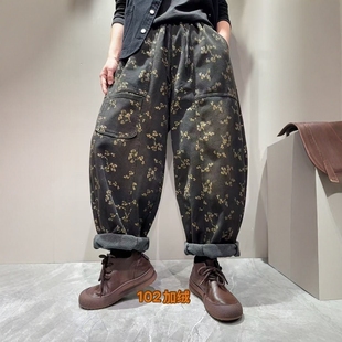 九分老爹裤 女松紧腰宽松大版 复古印花加绒加厚牛仔裤 2025秋冬新款