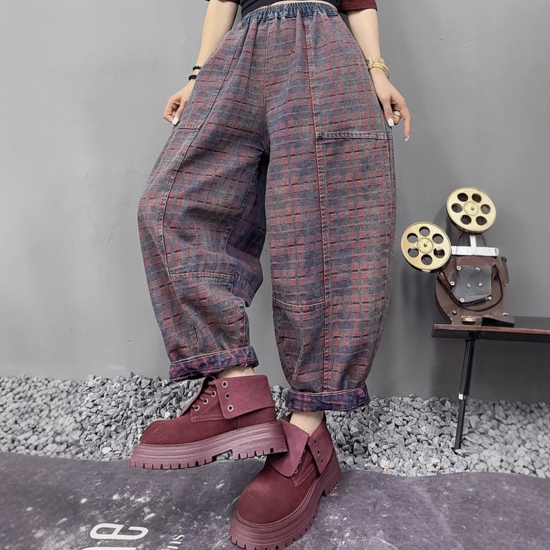 欧版宽松大码格子牛仔裤