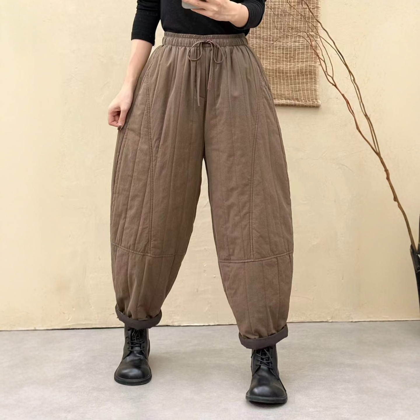 休闲宽松棉麻夹棉哈伦裤