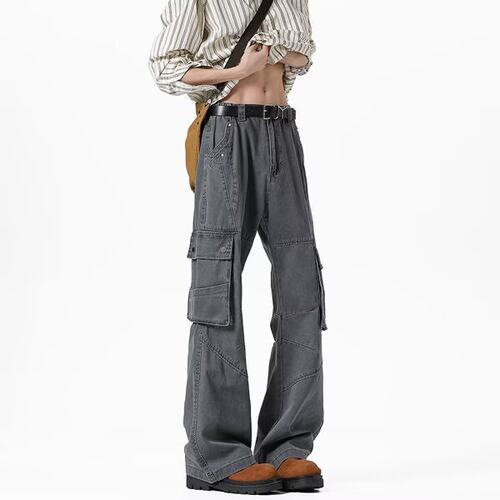 解构铆钉多口袋微喇叭工装牛仔裤