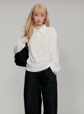 ACHIEVE ACHV亲肤蕾丝长袖 POLO领 时髦的书呆子白色垂顺打底衫