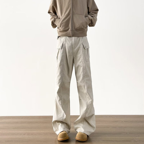 ACHIEVE ACHV美式微喇工装裤潮牌宽松褶皱直筒高街痞帅休闲牛仔裤