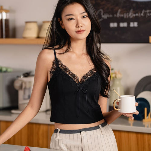 梧桐本色星愈系列短款带杯吊带背心80S天丝罗马睫毛蕾丝WX85223