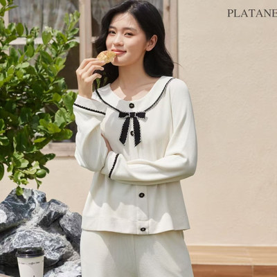 梧桐本色2025春夏圆领开衫长袖长裤家居套装复古小香风设计842041