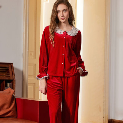 梧桐本色青季系列花边领开衫长袖长裤套装260克丝绒细腻WJ852050