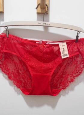 梧桐闺蜜情话大红色低腰三角裤性感腰线复古蕾丝纯棉底浪GM23556