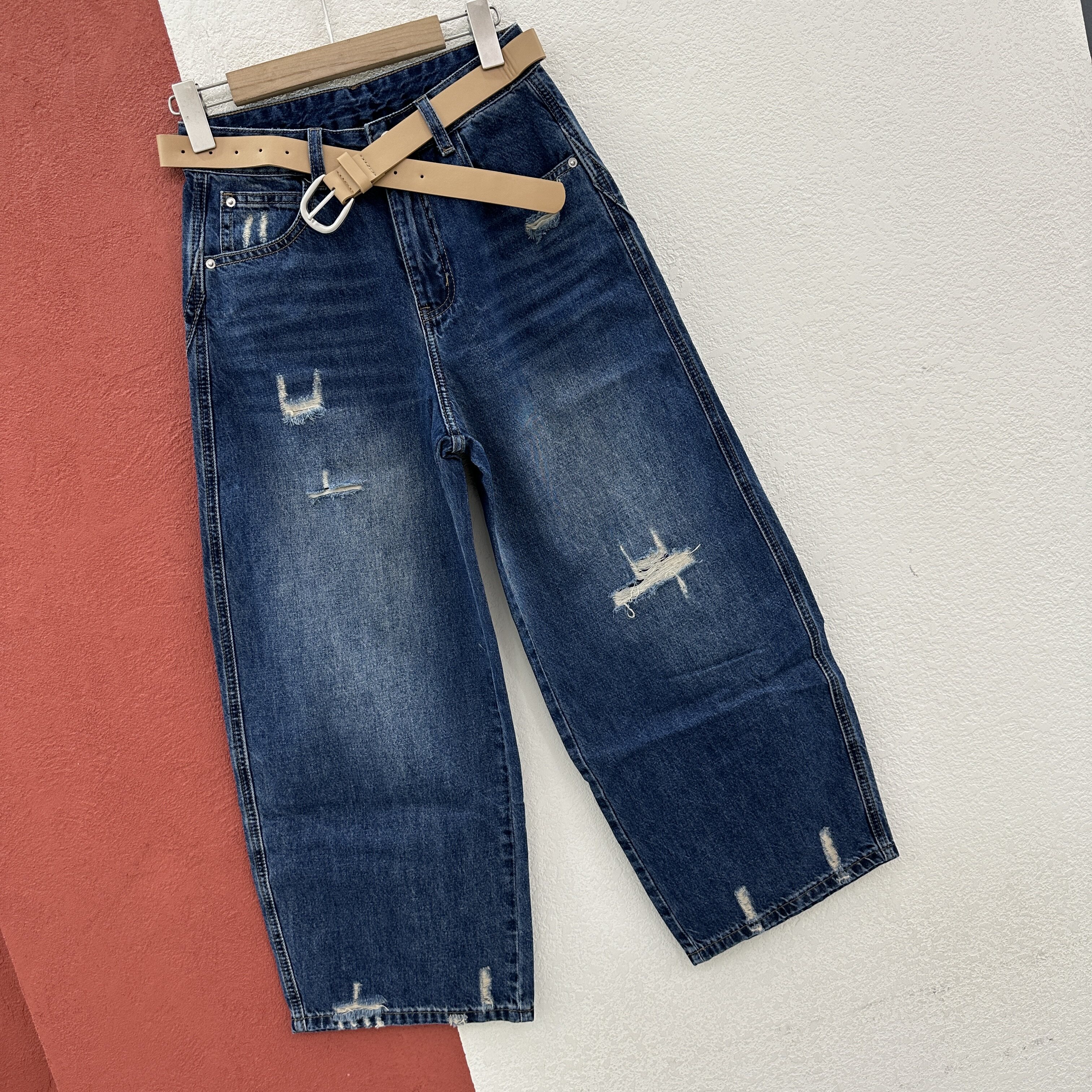 欧货YAK JEANS阿里莎莎87780牛仔裤女夏季破洞九分弯刀裤薄料磨破