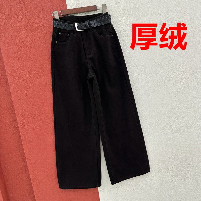 冬季JEANS金蚂蚁26907牛仔裤女复合厚绒弹力刺绣绣图直筒阔腿长裤