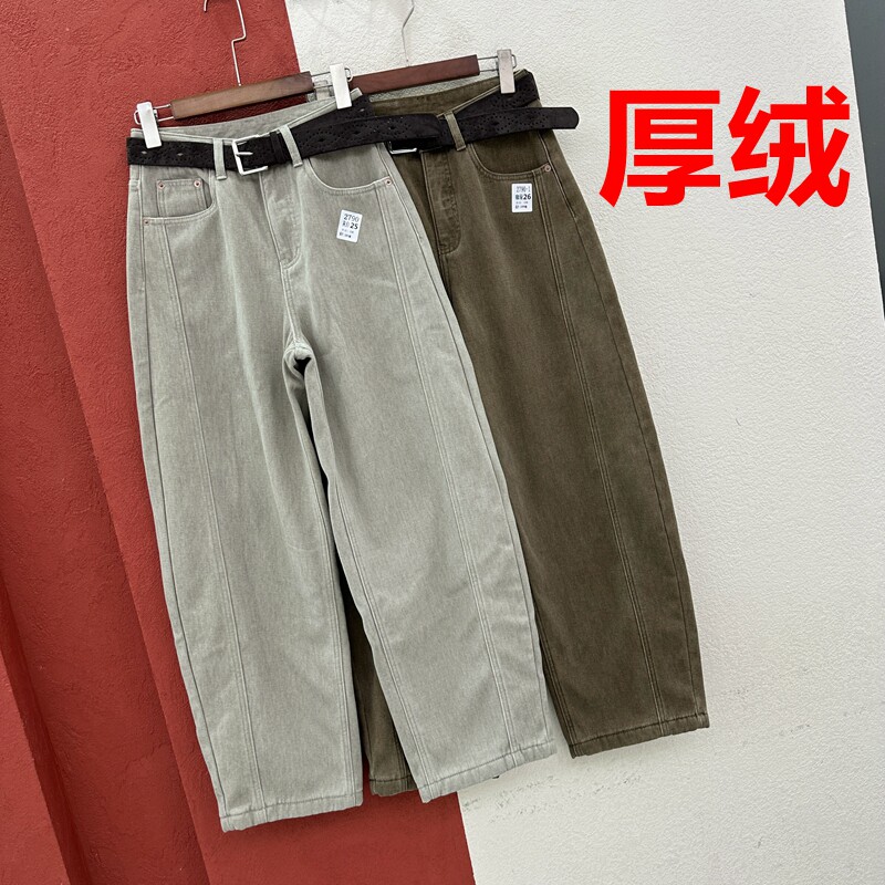 冬季JEANS绿青蛙2790牛仔裤女复合厚绒弯刀长裤翻盖欧货香蕉长裤
