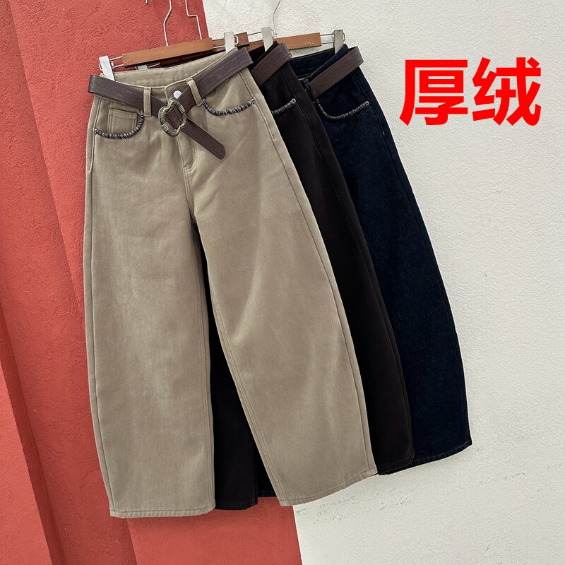 冬季欧货正版厚绒JEANS金蚂蚁26912牛仔裤女复合绒普洗黑弯刀长裤