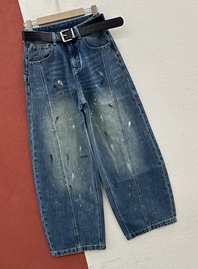 2026春季新款JEANS韩酷莱66250牛仔裤女蓝色高腰油漆点压线弯刀裤