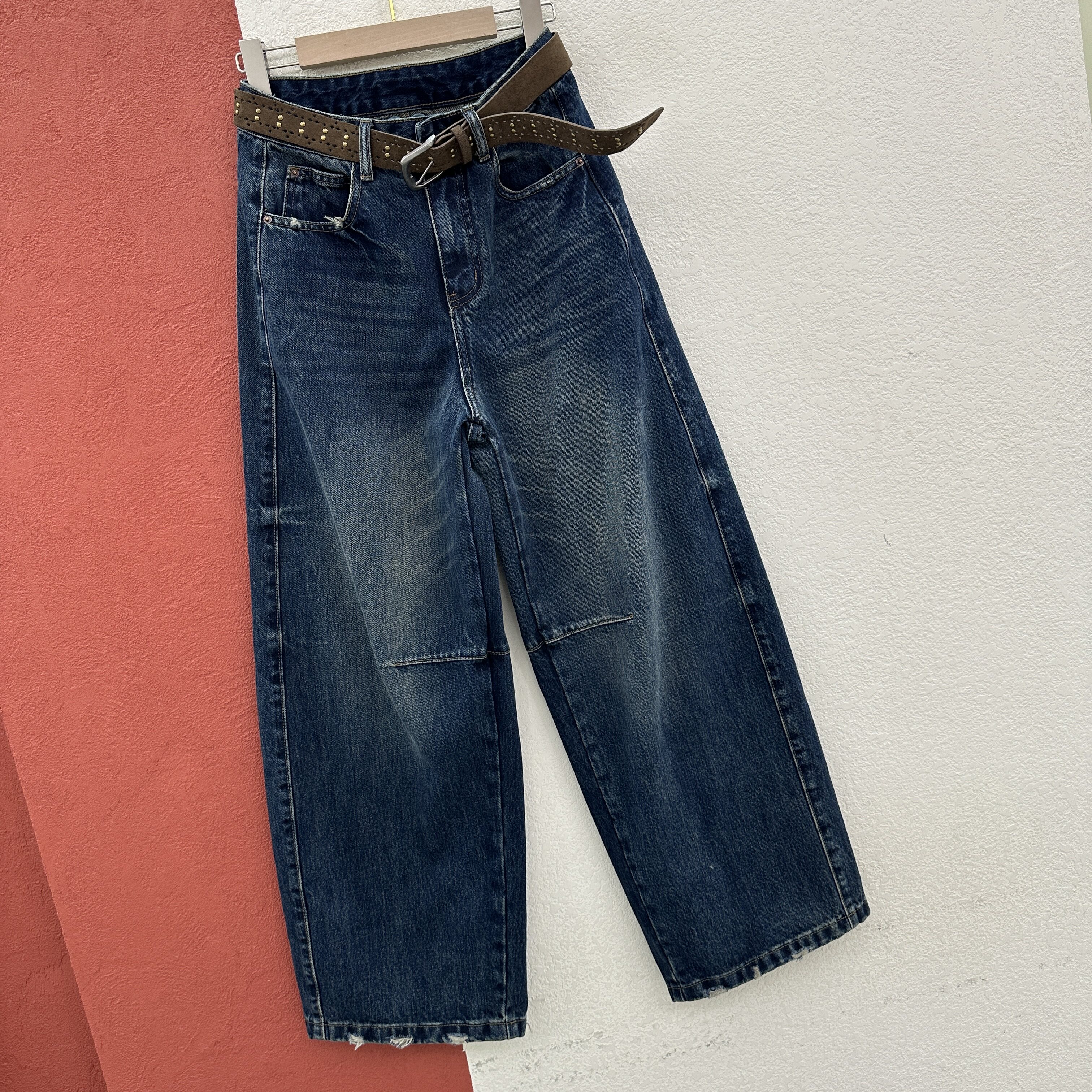 2026秋款JEANS金蚂蚁26702牛仔裤女高腰弹力弯刀裤磨破压线拖地裤