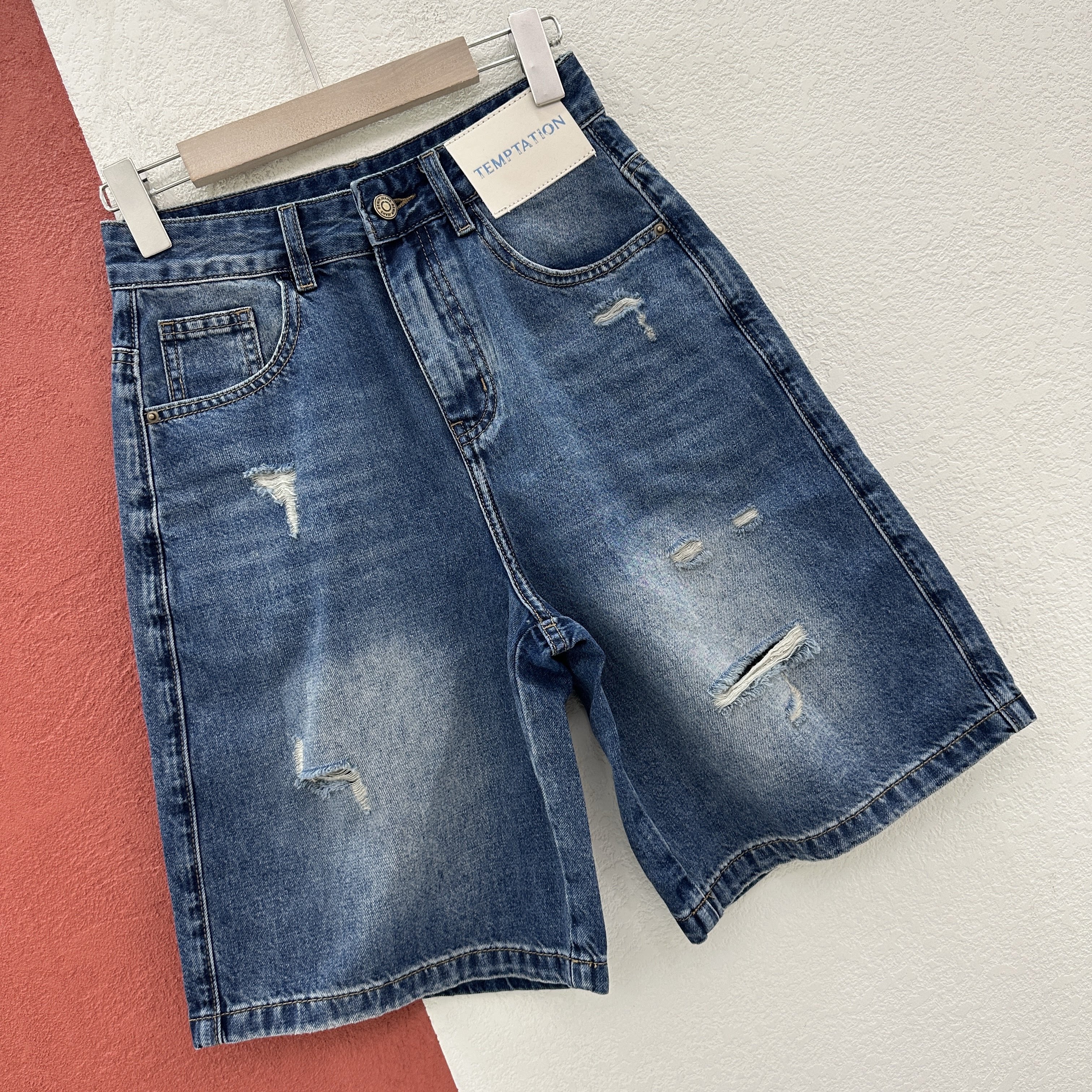 春夏欧货Q FASHION JEANS酷希莱9688牛仔裤女破洞阔腿五分裤中裤
