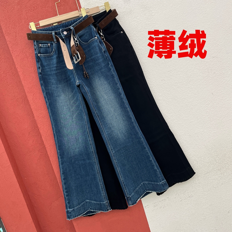 JEANS倩小妞 佑度18753牛仔裤女薄绒加厚喇叭裤高腰显瘦微喇裤YKK
