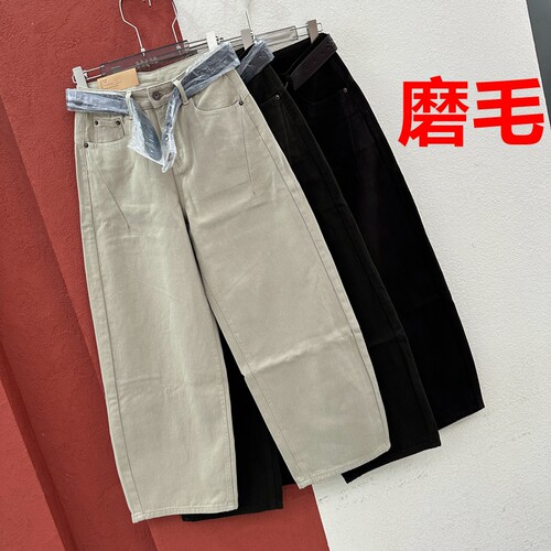 秋冬欧货正品JEANS红提子19202牛仔裤女磨毛直筒弯刀裤薄绒翻盖裤