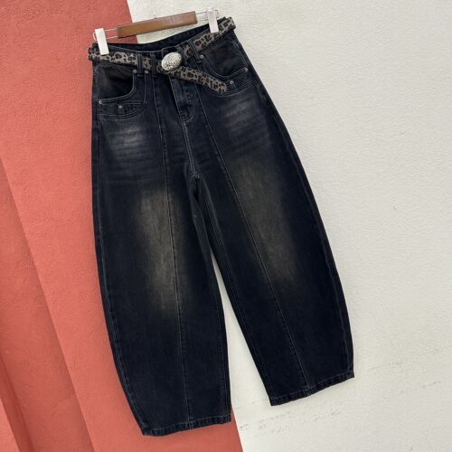 2026秋款FASHION JEANS26613牛仔裤女高腰豹纹腰带黑灰色弯刀长裤