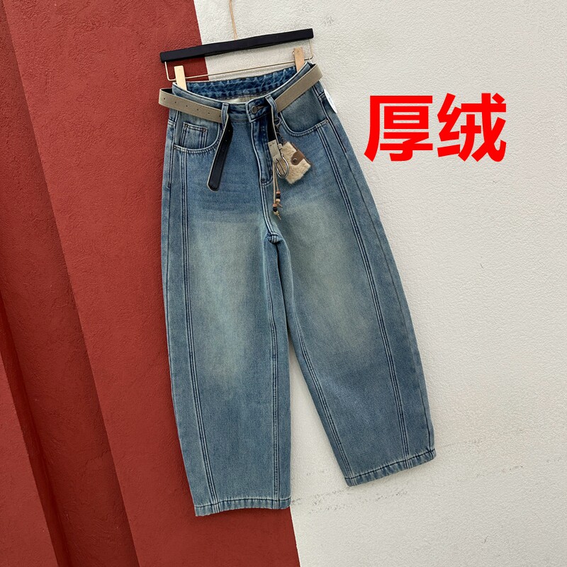 冬季H FASHION JEANS正品欧货5191牛仔浅蓝女厚绒鱼骨线弯刀长裤