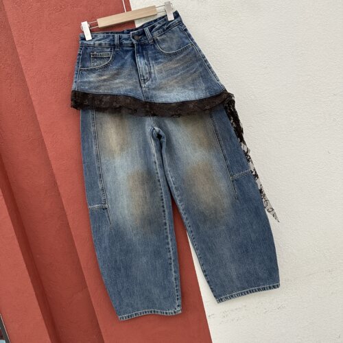 2026秋款FASHION JEANS蓝小妞20502牛仔裤女高腰蕾丝拼接弯刀裤子