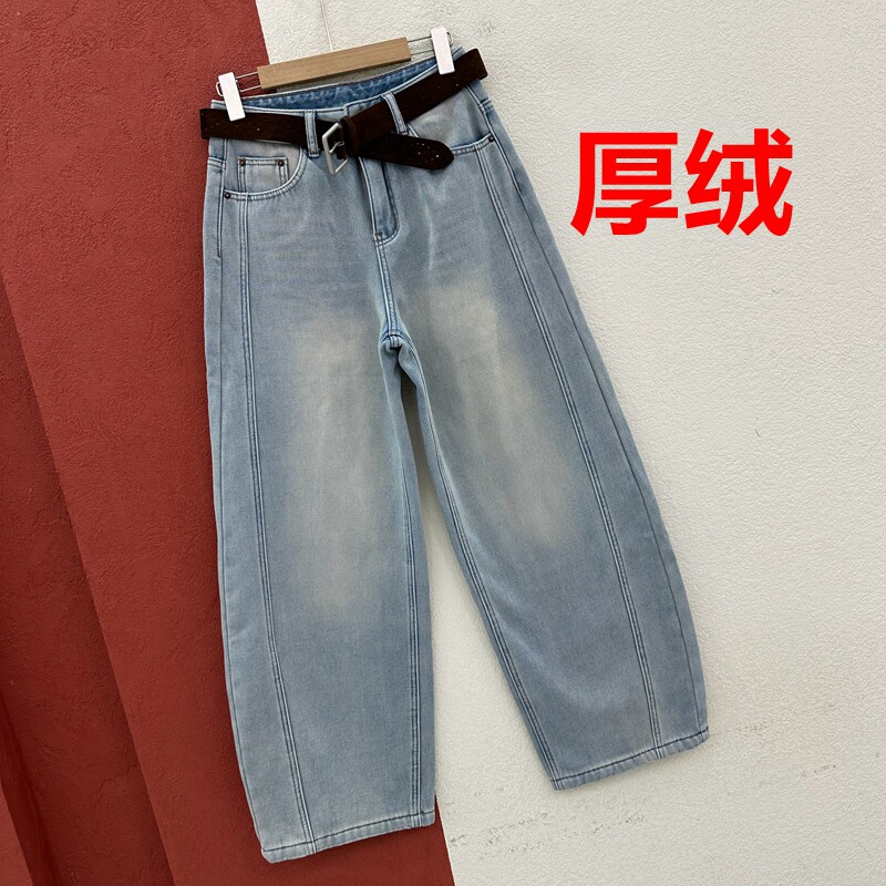 秋冬欧货FASHION JEANS正品DF6065牛仔女厚绒窄版弯刀裤浅蓝缩脚
