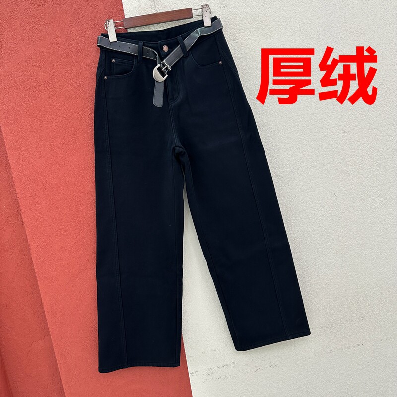 冬季欧货JEANS红提子19509牛仔裤女厚绒藏青色压线直筒压线弯刀裤
