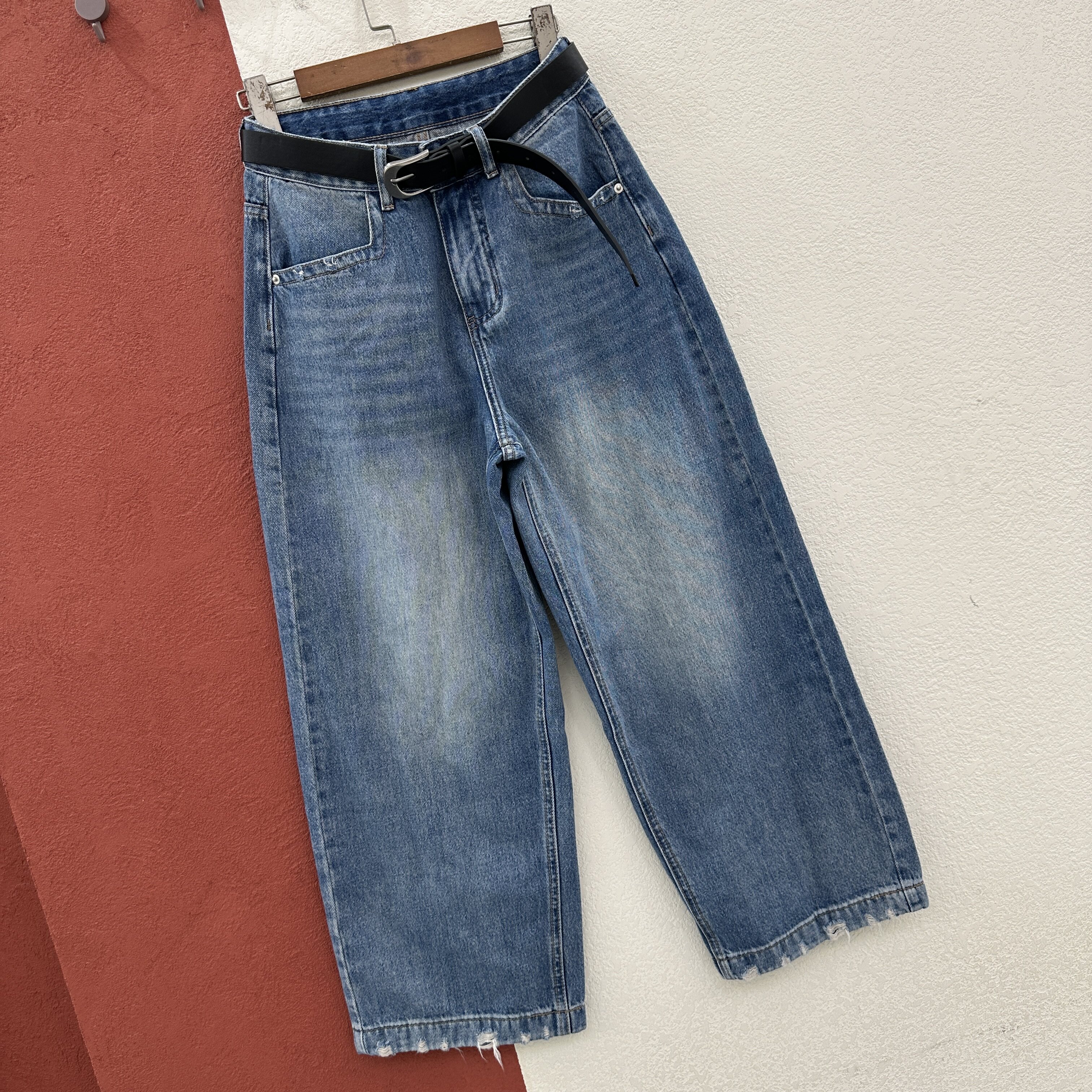 2026春款欧货HYFS JEANS红提子66155牛仔裤女九分磨破直筒奶奶裤