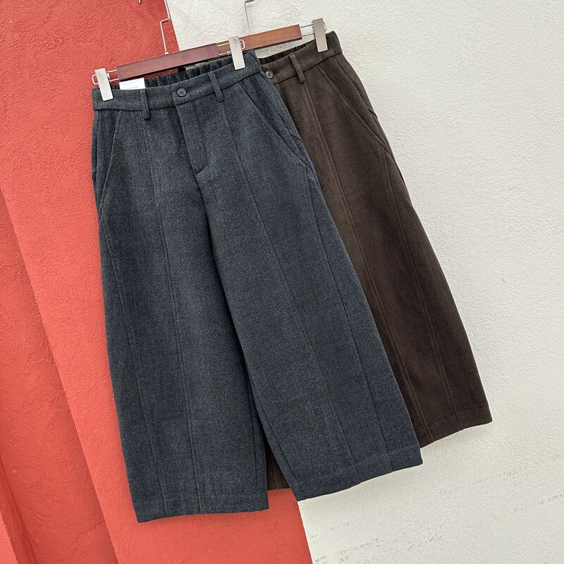 2026秋冬欧货JEANS正品20239毛呢女裤直筒压线九分复合翻盖阔腿裤