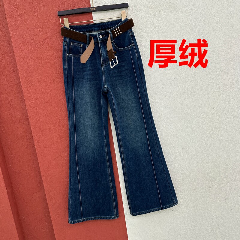 冬季FASHION JEANS哈妮88205牛仔女复合厚绒鱼骨线微喇裤喇叭长裤