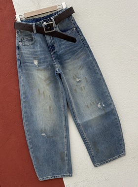 春款YAK JEANS阿里莎莎87553牛仔裤女浅蓝色磨破油漆印弯刀镰刀裤