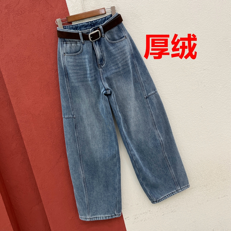 Q FASHION JEANS酷希莱61030牛仔裤女浅蓝色高腰厚绒弯刀裤冬季裤