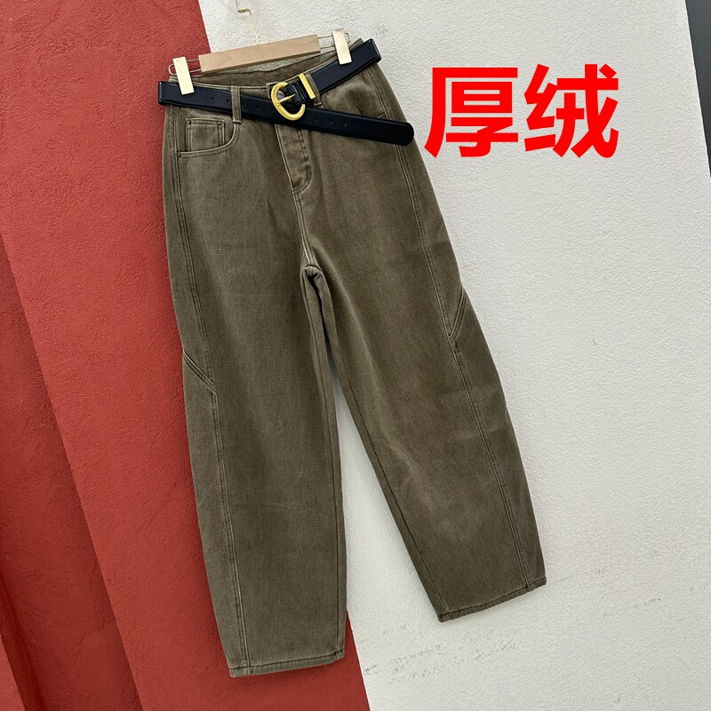 秋冬欧货JEANS89052牛仔裤女复合厚绒压线靴裤皮标咖绿弯刀裤长裤