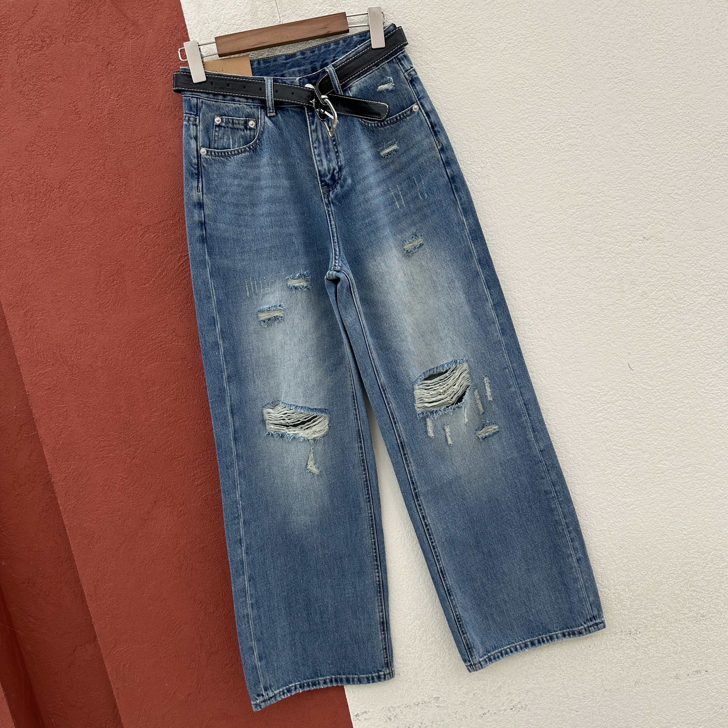 2026春款HYFS JEANS红提子66116牛仔裤女高腰破洞窄版直筒裤拖地