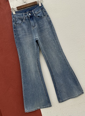 春款JEANS韩酷莱66217牛仔裤女式浅蓝色流星烫钻喇叭裤垂感微喇裤