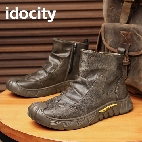 idocity秋冬新款男士高帮皮靴休闲时尚防滑耐磨马丁靴加绒男鞋子