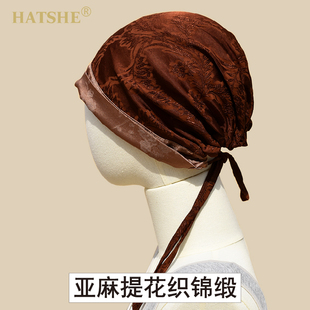 HATSHE原创设计复古国风头巾包头帽男女亚麻缎纹潮春秋挡风遮白发