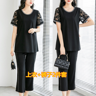 夏装大码胖妈妈上衣裤子两件套200斤胖mm宽松遮肚时尚短袖T恤套装