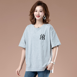 夏季大码短袖女装T恤加肥加大胖mm宽松遮肚子减龄印花纯棉女上衣