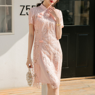 胖mm韩版刺绣连衣裙女大码夏装时尚洋气裙子中长款遮肚显瘦雪纺裙