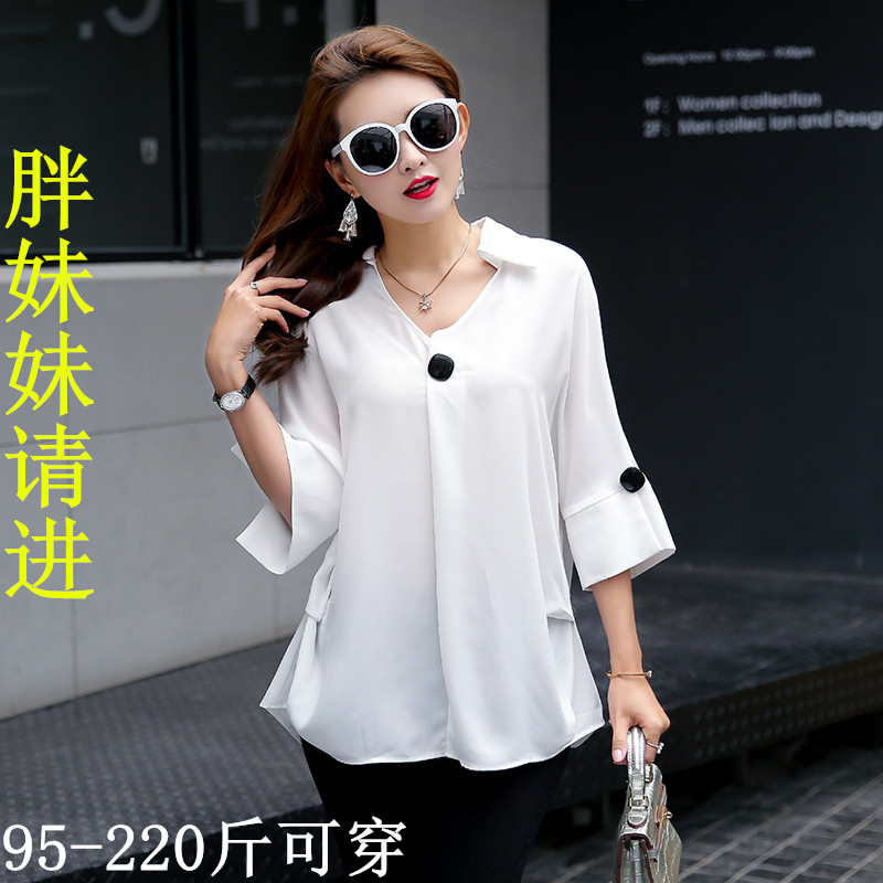 胖mm夏季减龄宽松遮肚子雪纺衫