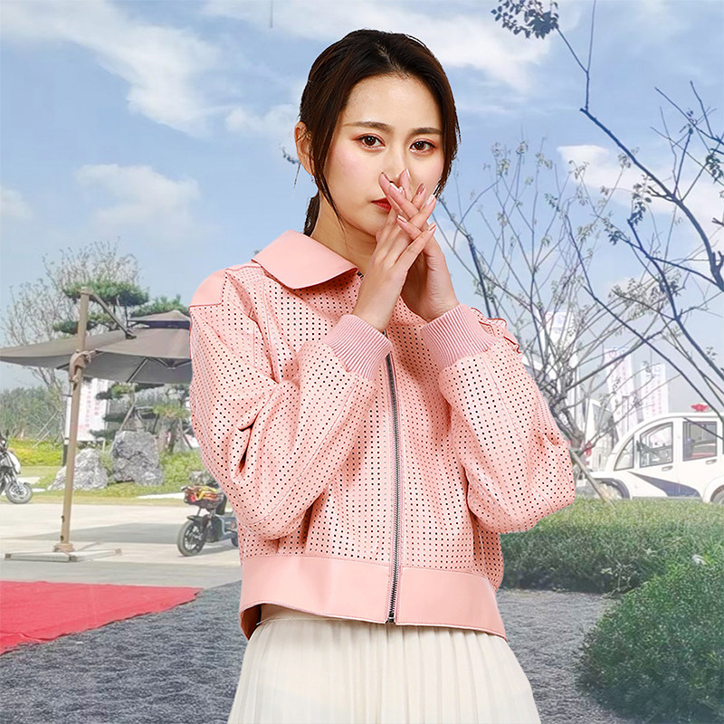 春秋气质显瘦短款皮夹克女绵羊皮镂空皮外套时尚粉色真皮皮衣薄款