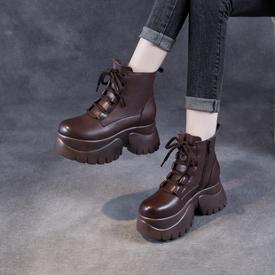 头层牛皮厚底短靴女2025秋冬松糕加绒棉鞋内增高小个子真皮马丁靴