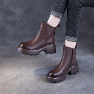 头层牛皮厚底马丁靴女2025新款秋冬加绒棉鞋真皮高跟侧拉链短靴子