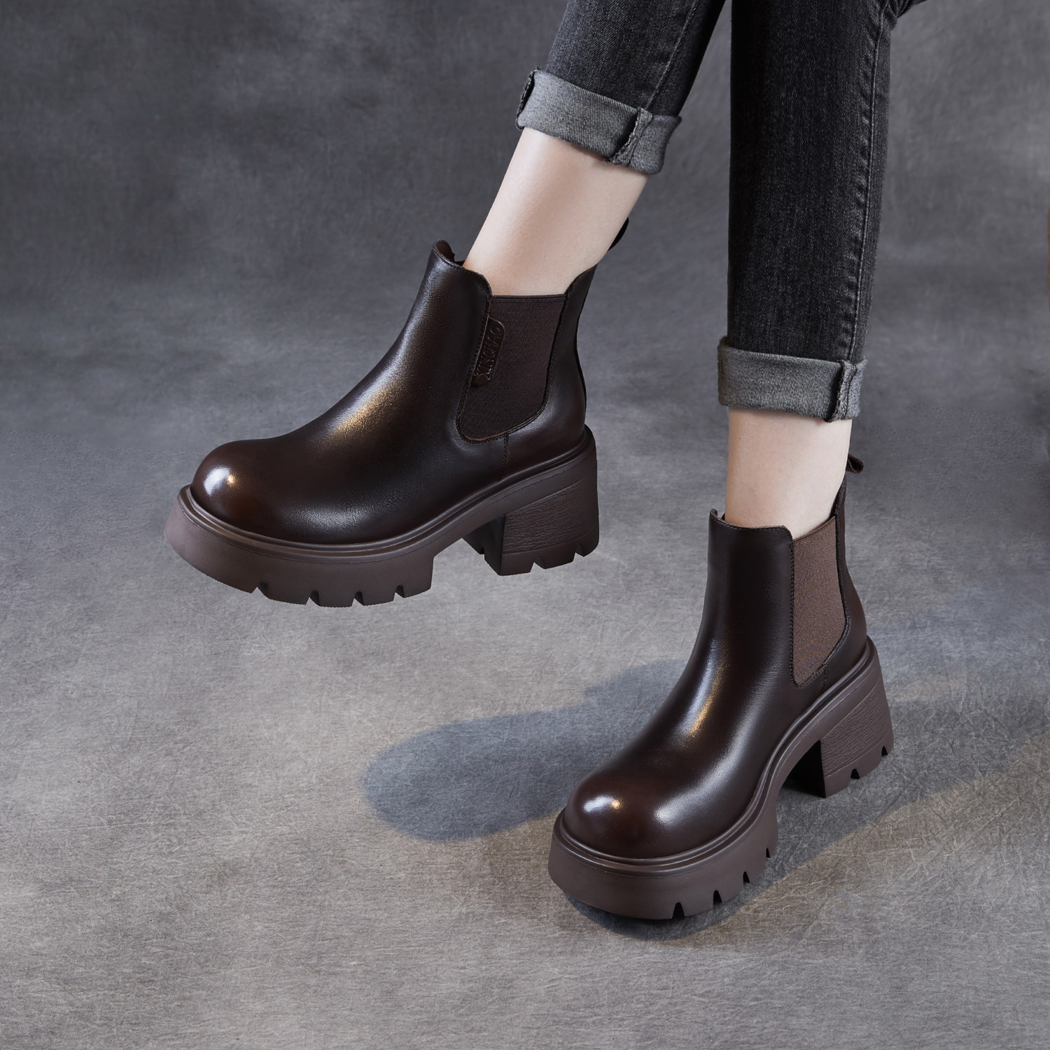 头层牛皮烟筒靴女厚底马丁靴2025秋冬真皮高跟套筒粗跟加绒小短靴